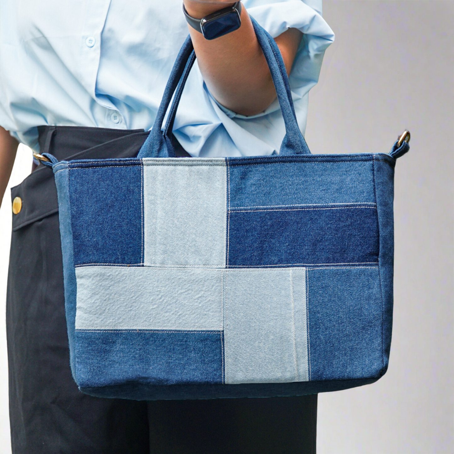 Recycle Mid Blue Reworked Patched Large Capacity Denim Tote Bag For Women