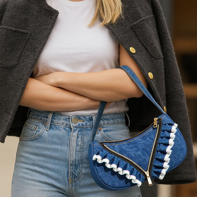 Chic and Recycled Denim Shoulder Bag with Unique Ruffled Design