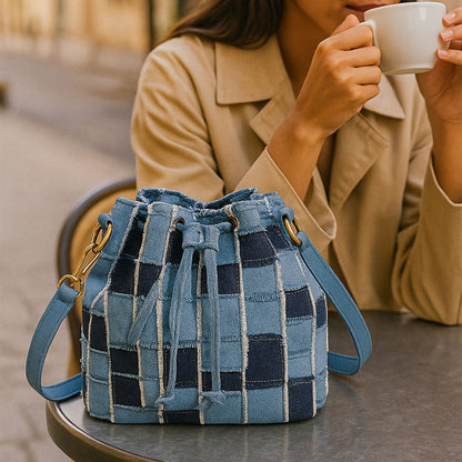 Recycled Denim Bucket Bag with Caro Pattern, Recycled Jeans Bag