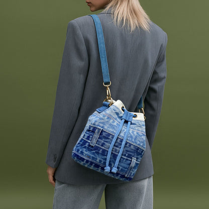 Eco-Friendly Recycled Denim Bucket Bag, Stylish Upcycled Jeans Bucket Bag