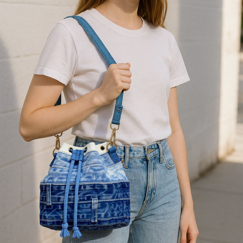 Eco-Friendly Recycled Denim Bucket Bag, Stylish Upcycled Jeans Bucket Bag