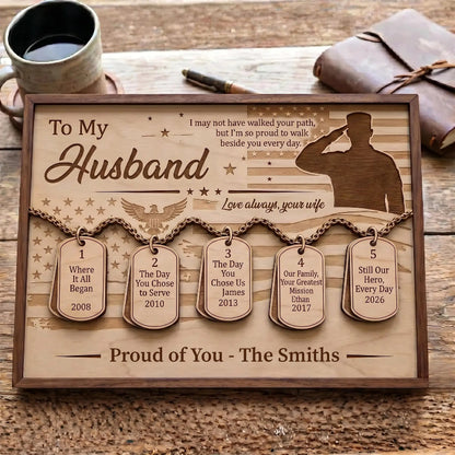 Veteran Timeline Wooden Sign with Dog Tag, Personalized Military Gift for Husband, Father’s Day Veteran Keepsake Plaque