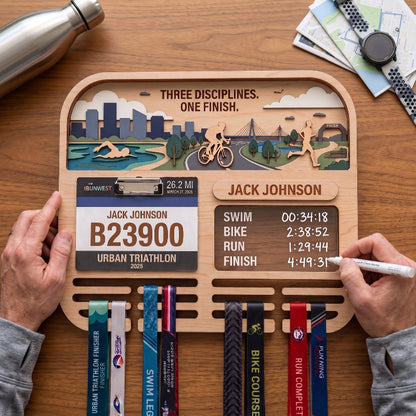 Personalized Triathlon Medal Display, Forest Medal Hanger, Optional Race Bib Holder, Triathlete Gift