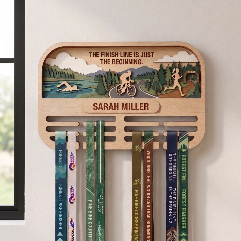 Layered Triathlon Medal Display, Forest Race Bib Holder & Custom Medal Hanger, Triathlete Gift, Race Day Keepsake