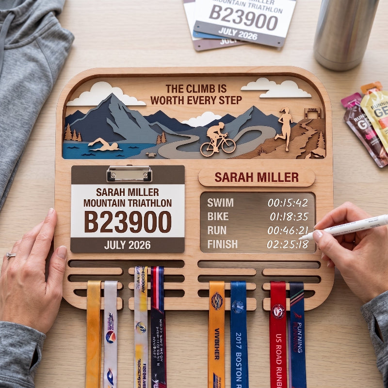 Personalized Triathlon Medal Holder, Layered Mountain Medal Display, Optional Race Bib Holder, Triathlete Gift