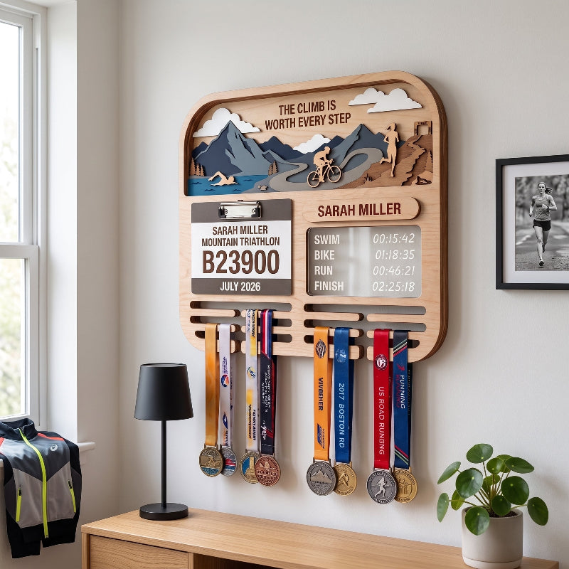 Personalized Triathlon Medal Holder, Layered Mountain Medal Display, Optional Race Bib Holder, Triathlete Gift