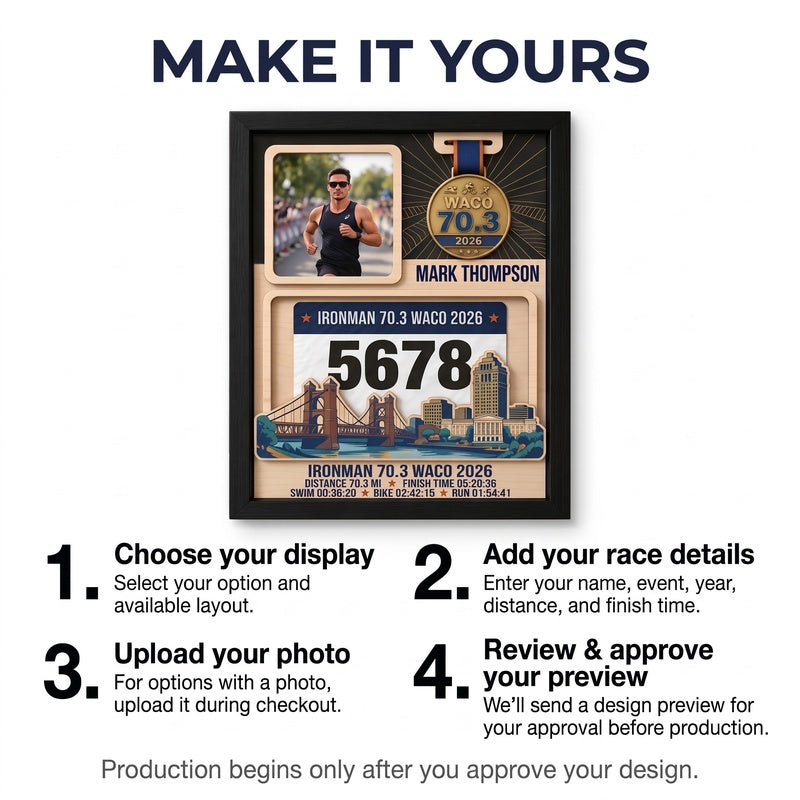 Waco Triathlon Medal Display, Personalized Medal Hanger with Photo, Race Bib & Route Options, Triathlete Gift