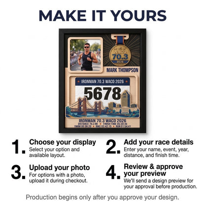 Waco Triathlon Medal Display, Personalized Medal Hanger with Photo, Race Bib & Route Options, Triathlete Gift