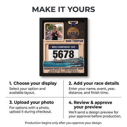Kona Triathlon Medal Display, Personalized Medal Hanger with Photo, Race Bib & Route Options, Triathlete Gift
