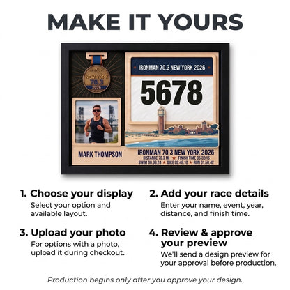 New York Triathlon Medal Display, Personalized Medal Hanger with Photo, Race Bib & Route Options, Triathlete Gift