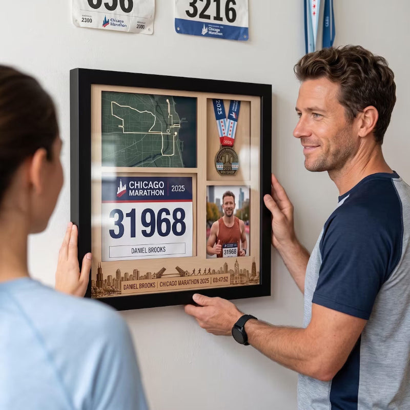 Chicago Marathon Shadow Box Display, Race Bib Medal and Photo Holder, Personalized Running Memory Box for Marathon Runners