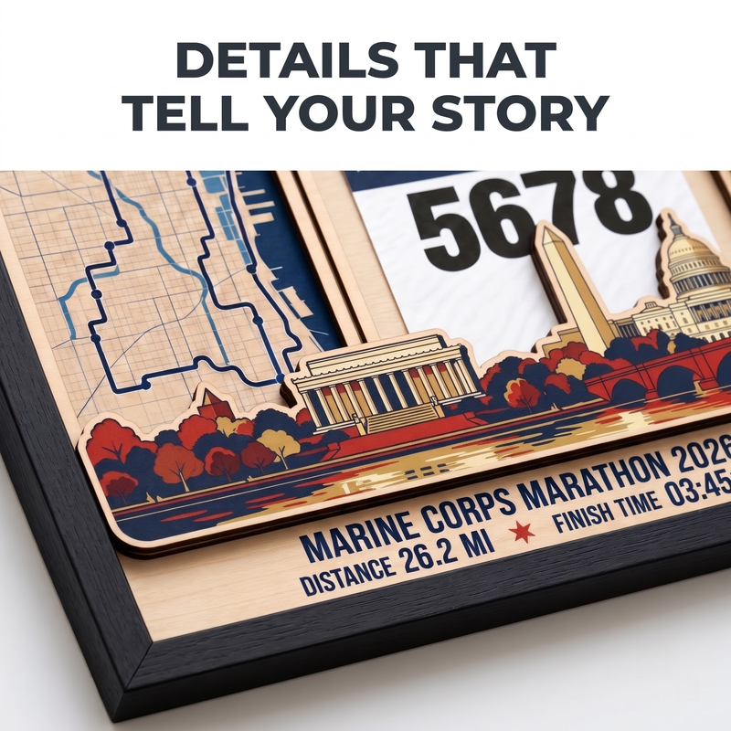 Marine Corps Marathon Medal Display, Personalized Race Bib and Photo Frame, Layered Design with Route Map Option