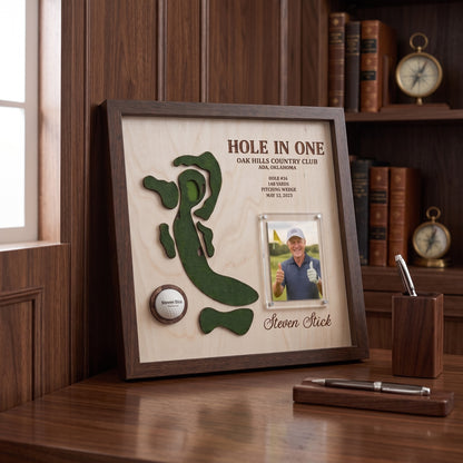 Personalized Hole in One Golf Display with Golf Course Map, Golf Ball Holder & Photo