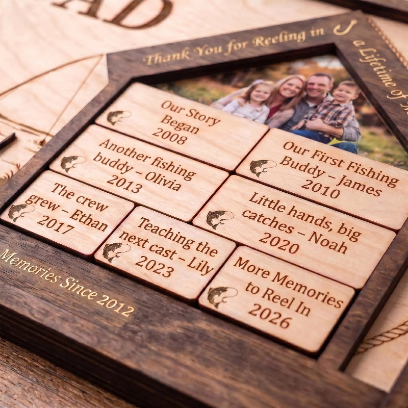 Reeling In Memories Built By Dad Wooden Sign, Personalized Fishing Gift for Dad, Father’s Day Gift, Custom Family Timeline Plaque