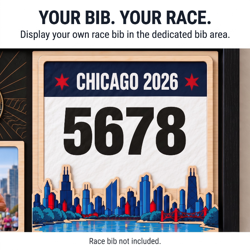 Chicago Marathon Layering Medal Hanger, Personalized Race Route Map on Wood, Custom Bib & Medal Display with Photo, Gift for Marathon Finisher