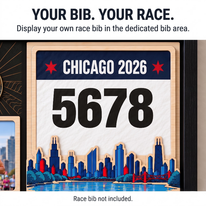 Chicago Marathon Layering Medal Hanger, Personalized Race Route Map on Wood, Custom Bib & Medal Display with Photo, Gift for Marathon Finisher