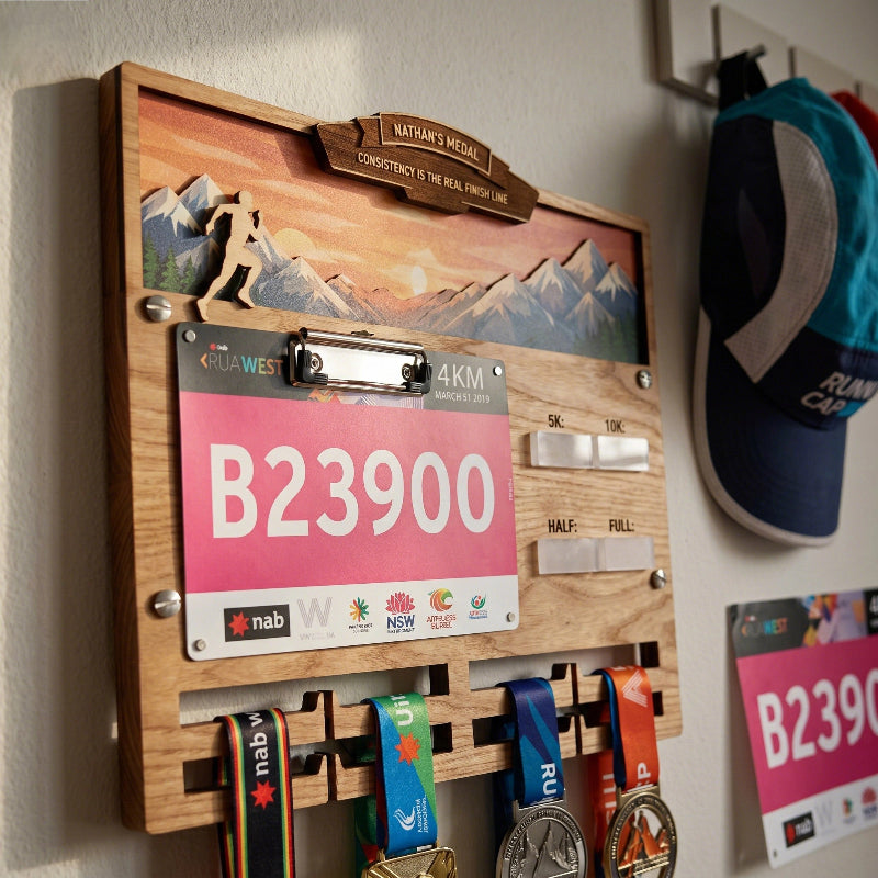 Personalized Running Medal Holder With Name, Custom Marathon Medal Display, Mountain Wooden Race Award Hanger, Gift for Runners