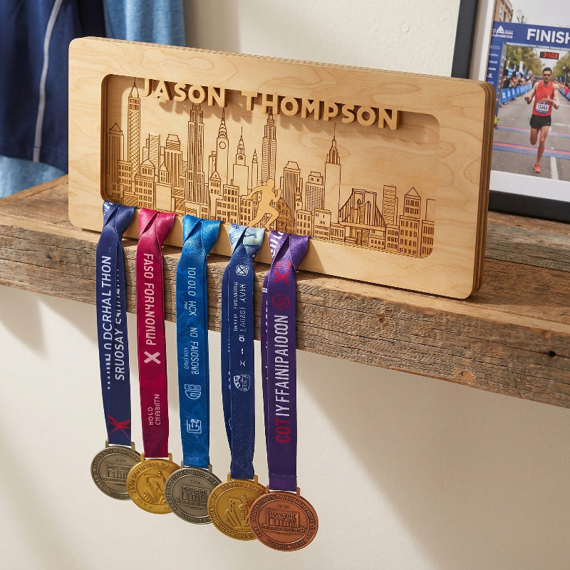 Personalized Running Medal Holder With Name, Custom Marathon Medal Display, Wooden Race Award Hanger, Gift for Runners