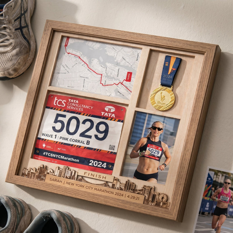 New York Marathon Shadow Box Display, Race Bib Medal and Photo Holder, Personalized Running Memory Box, Gift for Marathon Runners