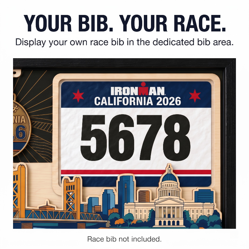 Triathlon Medal Display Frame, Personalized Medal Hanger, Race Bib & Photo Display with Route Option, Triathlete Gift