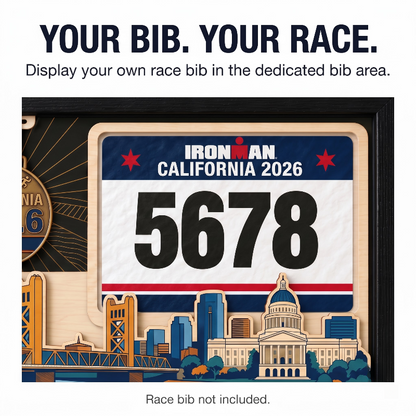 Triathlon Medal Display Frame, Personalized Medal Hanger, Race Bib & Photo Display with Route Option, Triathlete Gift