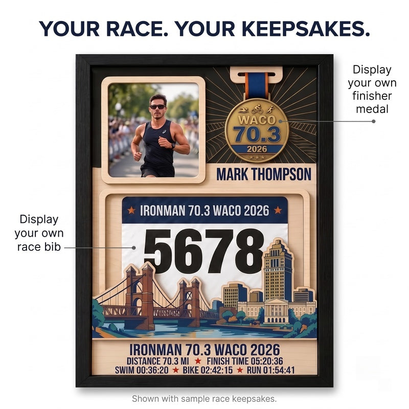 Waco Triathlon Medal Display, Personalized Medal Hanger with Photo, Race Bib & Route Options, Triathlete Gift