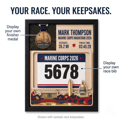 Marine Corps Marathon Medal Display, Personalized Race Bib and Photo Frame, Layered Design with Route Map Option
