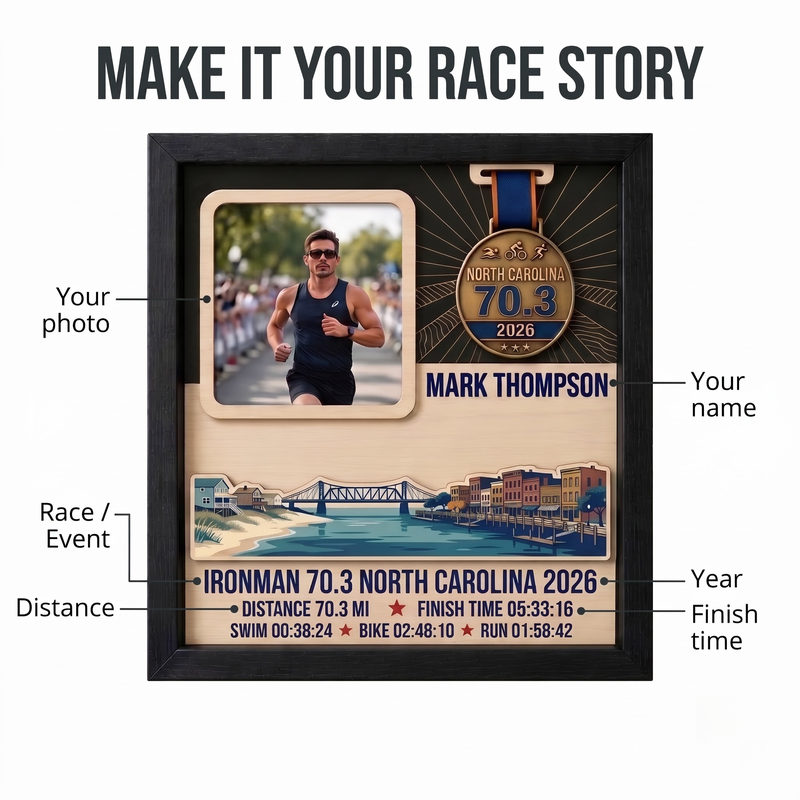 North Carolina Triathlon Medal Display, Personalized Medal Hanger with Photo, Race Bib & Route Options, Triathlete Gift