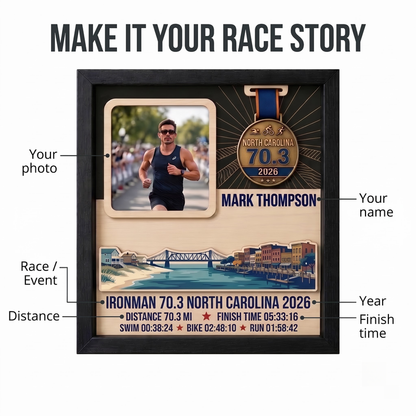 North Carolina Triathlon Medal Display, Personalized Medal Hanger with Photo, Race Bib & Route Options, Triathlete Gift