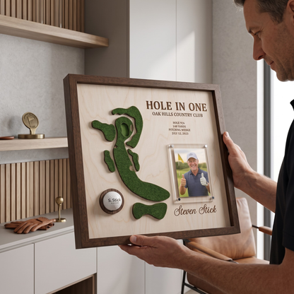 Personalized Hole in One Golf Display with Golf Course Map, Golf Ball Holder & Photo