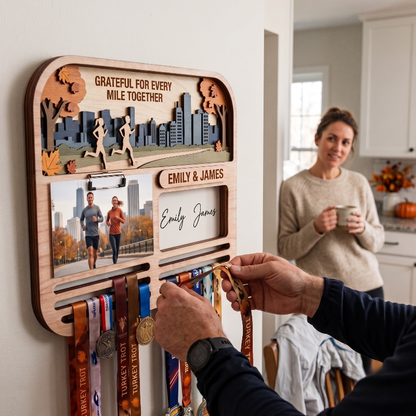 Personalized Turkey Trot Medal Hanger for Couples, Wooden Running Medal Holder, Thanksgiving Gift