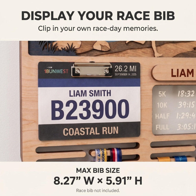 Personalized Marathon Medal Display, Running Medal Holder & Race Bib Display, Coastal Cliff Design
