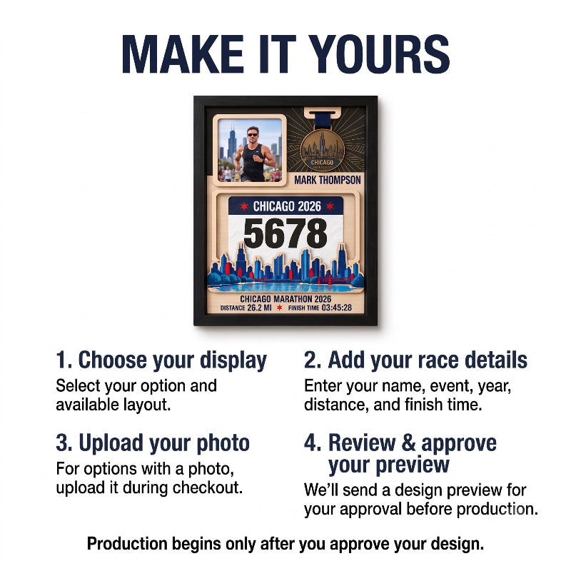 Custom framed Chicago Marathon 2026 runner photo print with text instructions on how to customize the display, race details, photo upload, and approval preview.