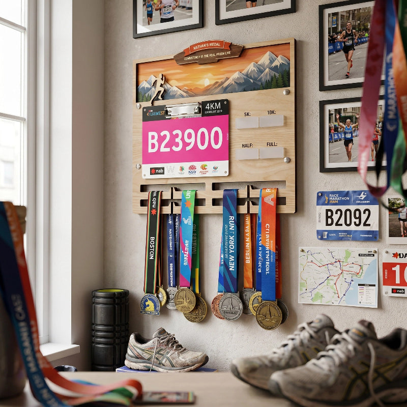 Personalized Running Medal Holder With Name, Custom Marathon Medal Display, Mountain Wooden Race Award Hanger, Gift for Runners