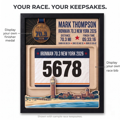 New York Triathlon Medal Display, Personalized Medal Hanger with Photo, Race Bib & Route Options, Triathlete Gift