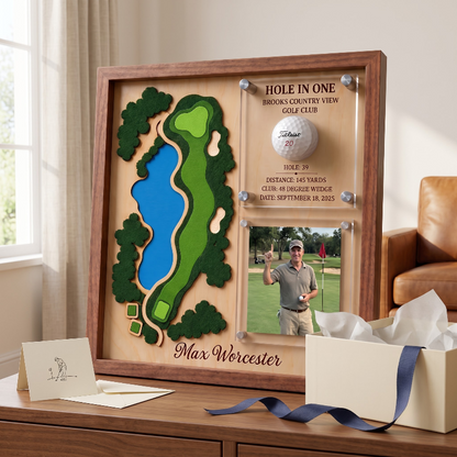 Hole in One Acrylic Display, Personalized Golf Course Map, Ball & Photo Frame, Custom Golf Gift
