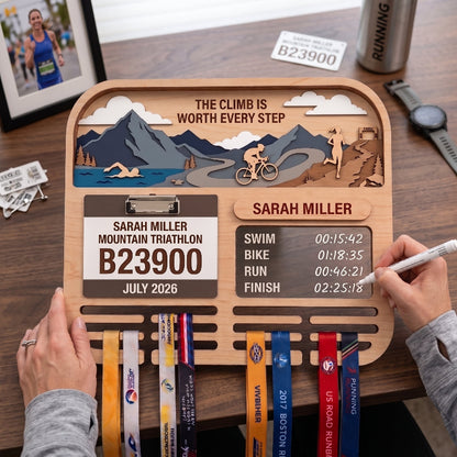 Personalized Triathlon Medal Holder, Layered Mountain Medal Display, Optional Race Bib Holder, Triathlete Gift