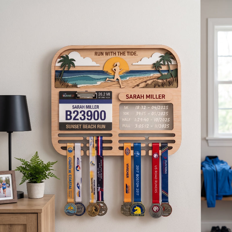 Personalized Running Medal Holder, Sunset Beach Design, Race Bib Display with Optional Running Tracker