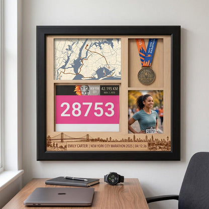 New York Marathon Shadow Box Display, Race Bib Medal and Photo Holder, Personalized Running Memory Box for Marathon Runners