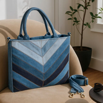 Eco-Friendly Recycle Chevron Large Capacity Denim Tote Bag for Women