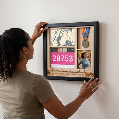 New York Marathon Shadow Box Display, Race Bib Medal and Photo Holder, Personalized Running Memory Box for Marathon Runners