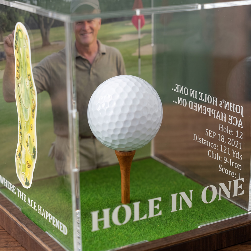 Hole in One Display with Photo, Personalized Golf Ball & Course Map Mica Box, Custom Golf Gift for Dad, Golf Keepsake for Him