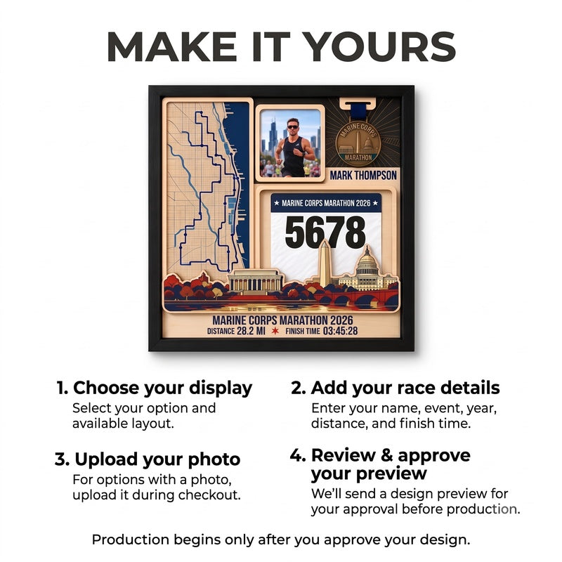 Marine Corps Marathon Medal Display, Personalized Race Bib and Photo Frame, Layered Design with Route Map Option