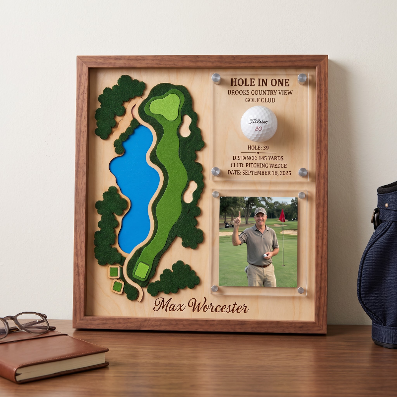 Hole in One Acrylic Display, Personalized Golf Course Map, Ball & Photo Frame, Custom Golf Gift