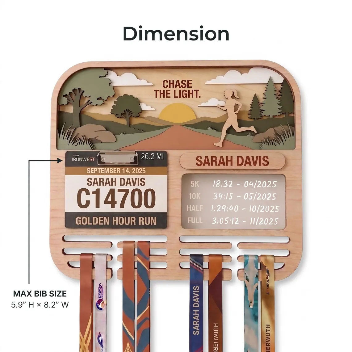 Personalized Running Medal Holder & Race Bib Display, Wooden Marathon Medal Hanger, Sunset Run Design