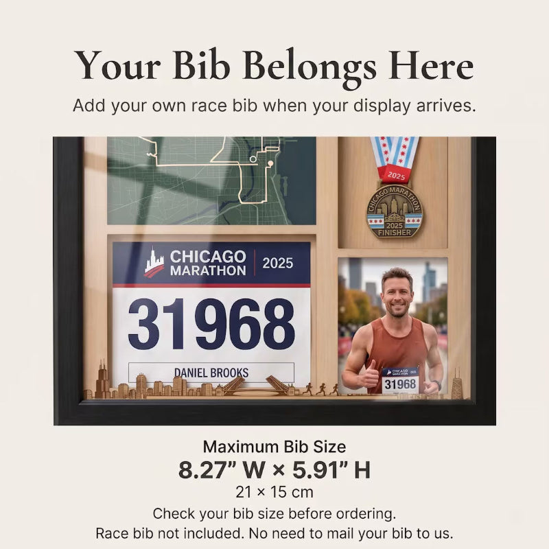 Chicago Marathon Shadow Box Display, Race Bib Medal and Photo Holder, Personalized Running Memory Box for Marathon Runners