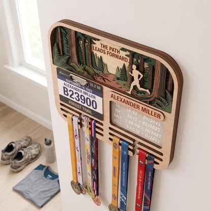 Personalized Running Medal Holder, Forest Trail Running Design, Race Bib Display & Optional Tracker
