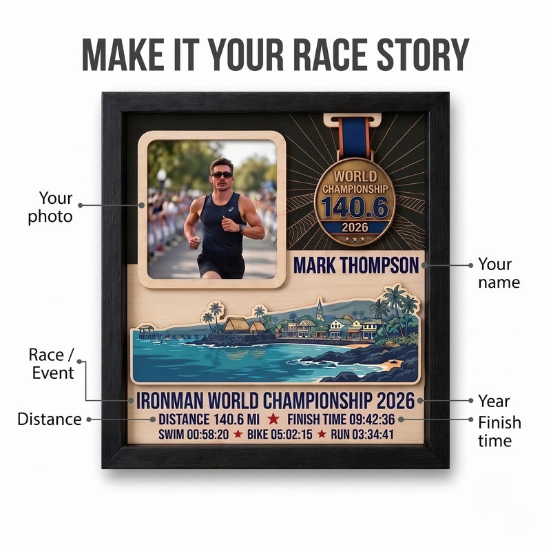 Kona Triathlon Medal Display, Personalized Medal Hanger with Photo, Race Bib & Route Options, Triathlete Gift