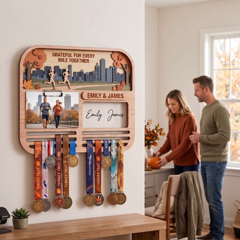 Personalized Turkey Trot Medal Hanger for Couples, Wooden Running Medal Holder, Thanksgiving Gift