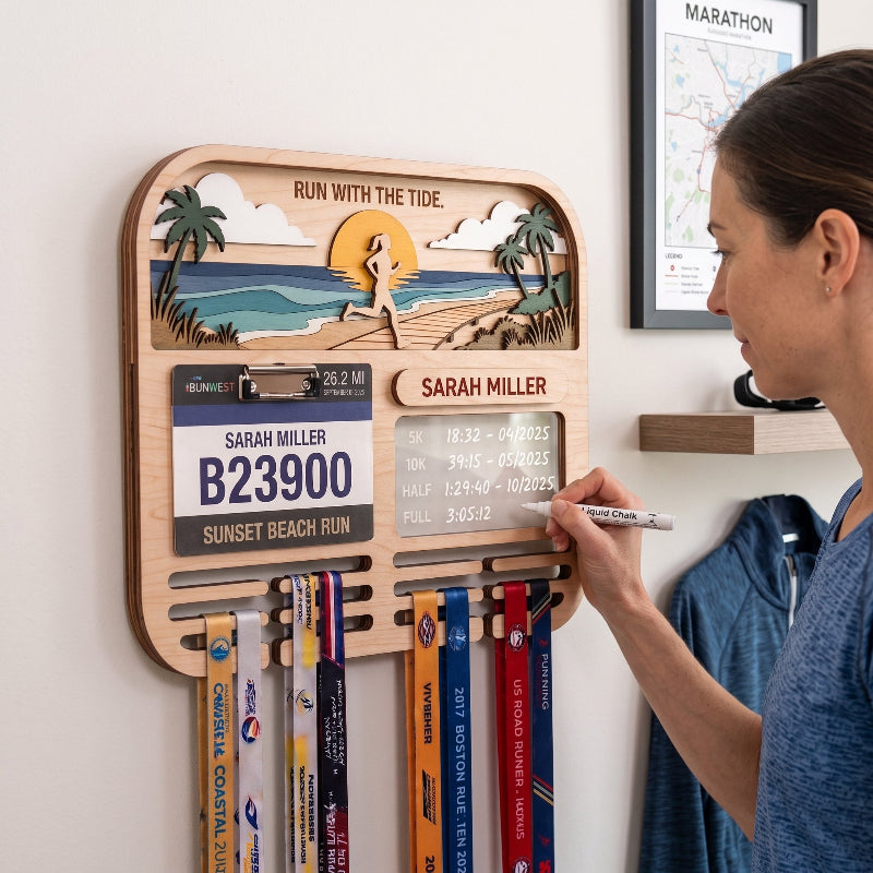 Personalized Running Medal Holder, Sunset Beach Design, Race Bib Display with Optional Running Tracker